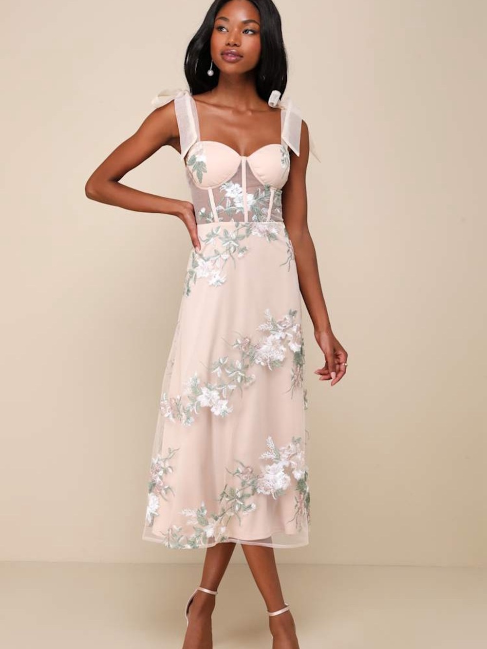 Lulus Fairytale Days Beige Mesh Floral Embroidered Bustier Midi Dress XLARGE NWT